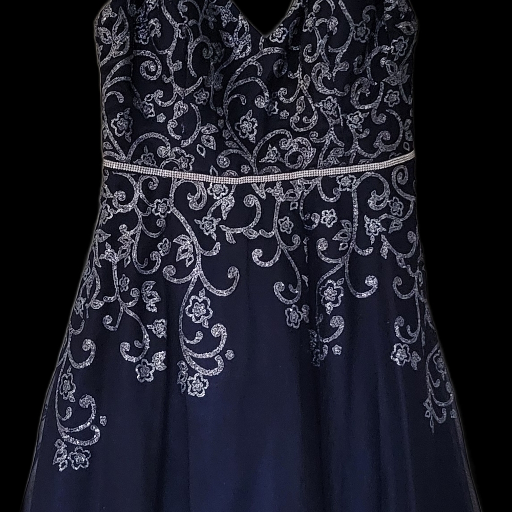 Camille La Vie Midnight Blue Backless Dress with Silver Embroidery